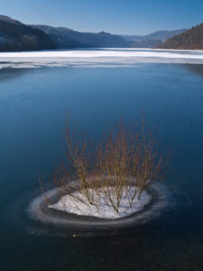 Europe, Germany, Hesse, Vöhl, Kellerwald-Edersee National Park, tree island in the frozen Edersee, winter atmosphere with blue sky Europe, Germany, Hesse, Vöhl, Kellerwald-Edersee National Park, tree island in the frozen Edersee, winter atmosphere with blue sky